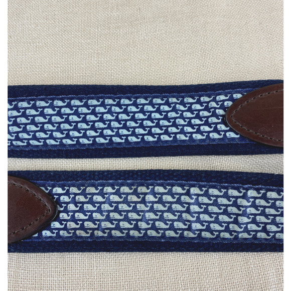 VINEYARD VINES Mens Blue Whale Cotton Canvas Webbing and Brown Leather Belt - Picture 5 of 6